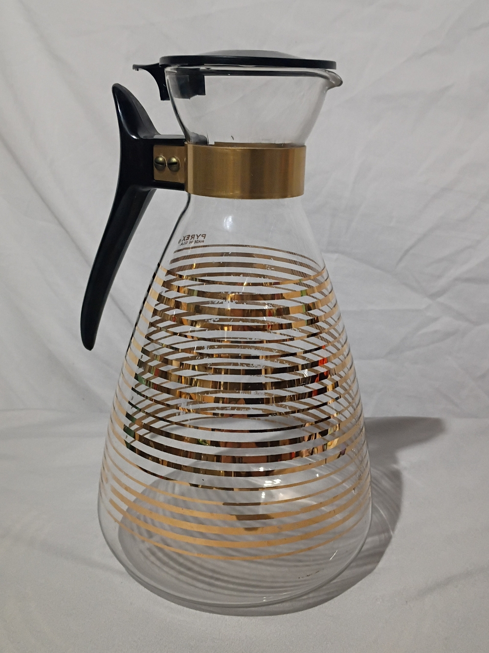 Vintage Pyrex Gold-Striped Glass Carafe with Black Handle 10-12 Cup MCM